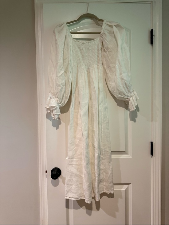 Sleeper Dresses & Skirts - Sleeper White Smocked Linen Midi Dress with Puff Sleeves